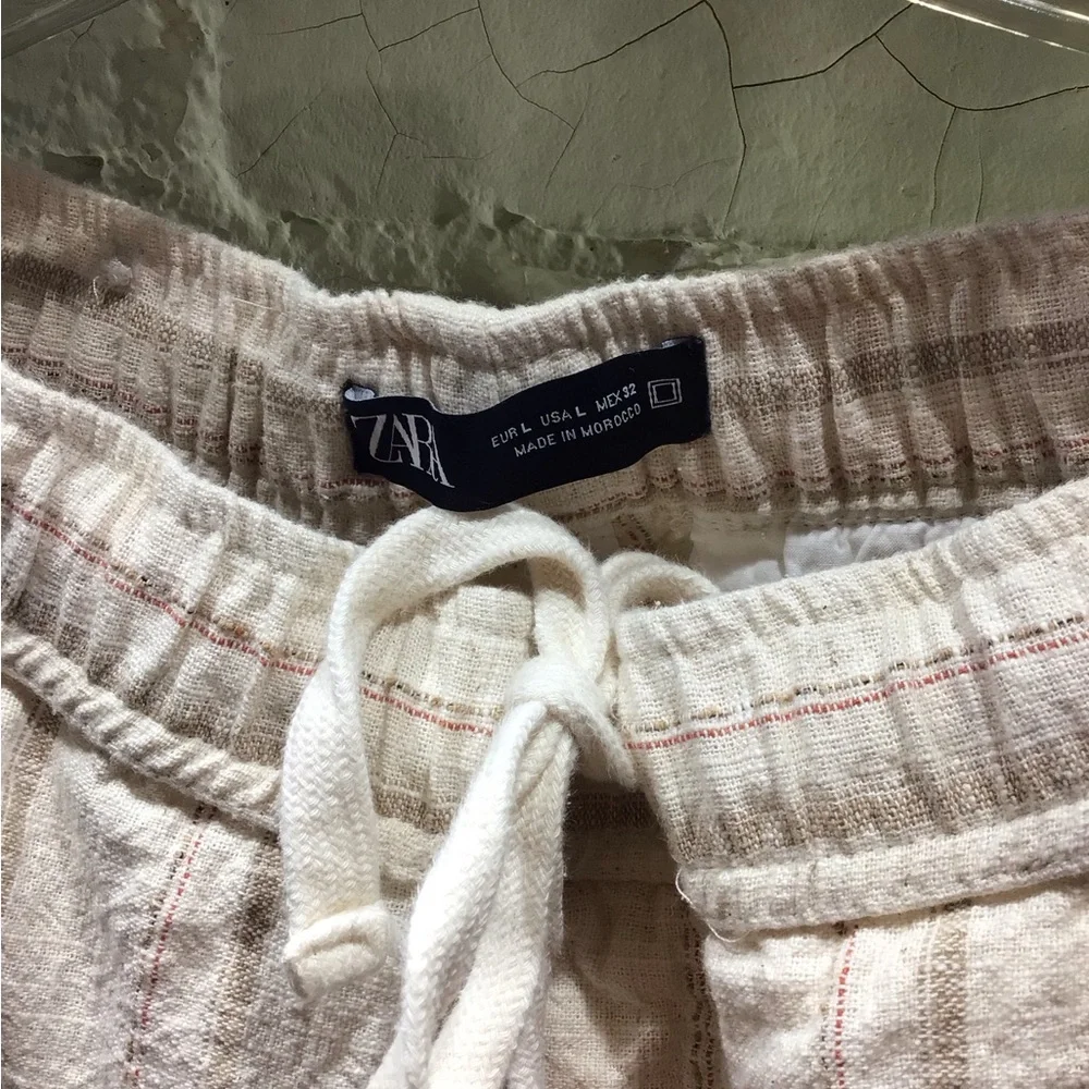 ZARA Cream linen Stripe Drawstring Pants